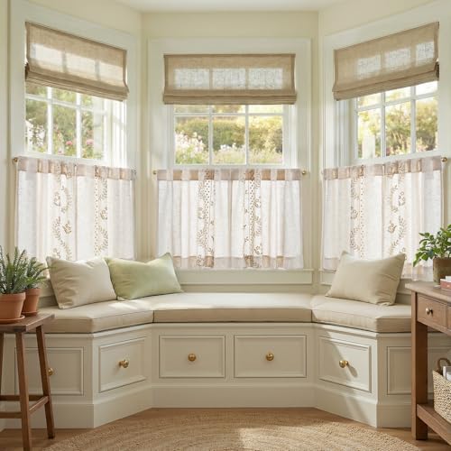 Beige Floral Linen Kitchen Tier Curtains 24 Inch (A| Beige / 26"W x 24"L (Pack of 2))