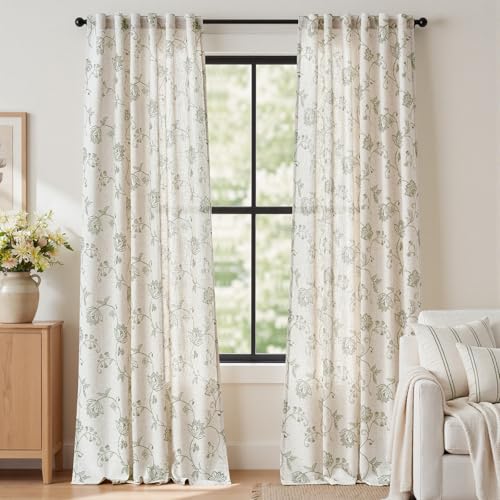 Green Floral Linen Curtains 96 Inch Vintage Back Tab 2 Panels (Floral Green / 50"W x 96"L (Pack of 2))