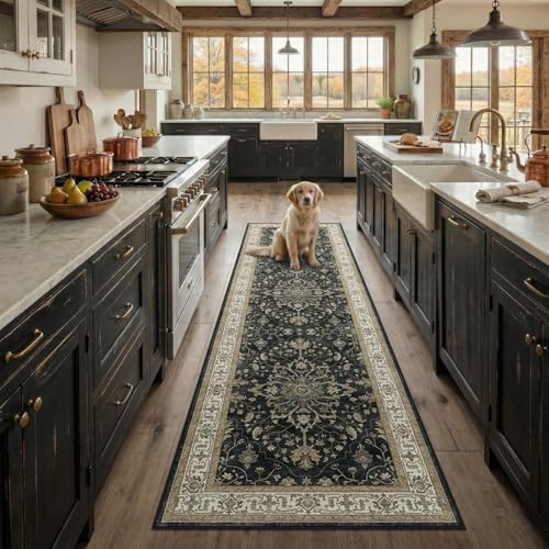 Washable Area Rug (Black/Vintage/Beige / 2' x 8' (Rectangular))