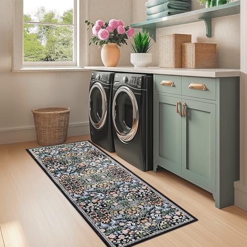 2x6 Washable Runner Rug：Floral Indoor Kitchen Carpet Dark Black (Dark Black / 2' x 6' (Runner))