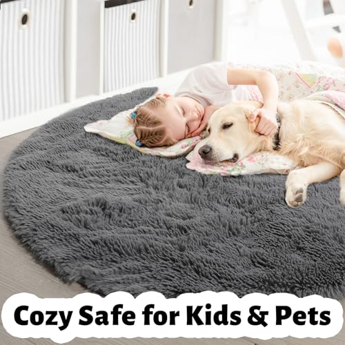 Grey Furry Big Round Area Rug 6Ft for Living Room Bedroom Playroom (Grey / 6' (Round))
