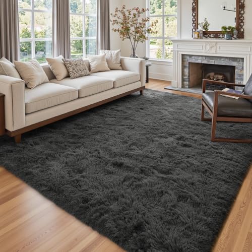 6x9 Ft Large Shag Rugs for Living Room Decor (Ba Dark Grey Solid / 6' X 9' (Rectangular))