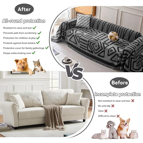 Boho Geometric Couch Covers for Sofa Pet Friendly Dark Grey and Black Sofa Covers Washable Chenille Couch Blanket Cover for 3 Cushion Couches Pet Protector Furniture Cover Soft (71" x 150" / T: Dark Grey)