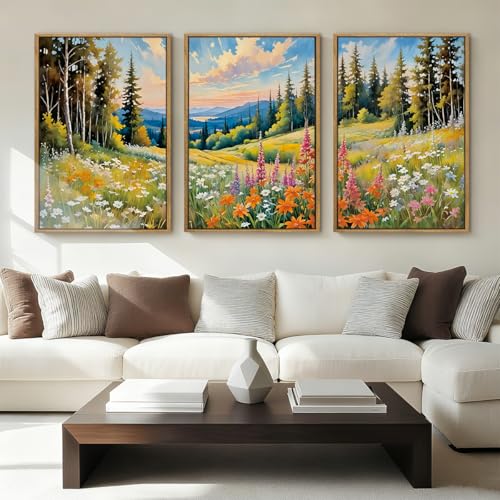 Colorful Woodland Wall Art Large Floral Field Wall Decor 16x24 Inch Set of 3 for Living Room Bedroom Dining Room (24"L x 16"W / Colorful Nature)