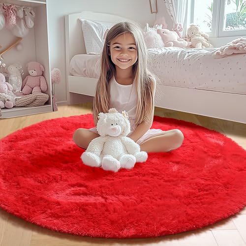 Red Round Rugs 5ft for Bedroom Living Room (Red / 5' (Round))