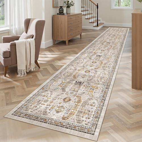Washable Runner Rugs 2x12 Long for Hallway Kitchen Soft (Brown/Gold / 2' x 12' (Runner))