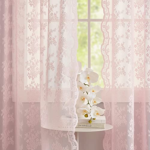 Vintage Lace Curtains 96 Inches Long 2 Panels Set Elegant Chic Floral Pink Sheer Curtain Panles for Girls Baby Living Room Bedroom Girly Preppy Room Decor Light Filtering 52" W x 96" L (Light Pink / 52"W x 96"L (Pack of 2))