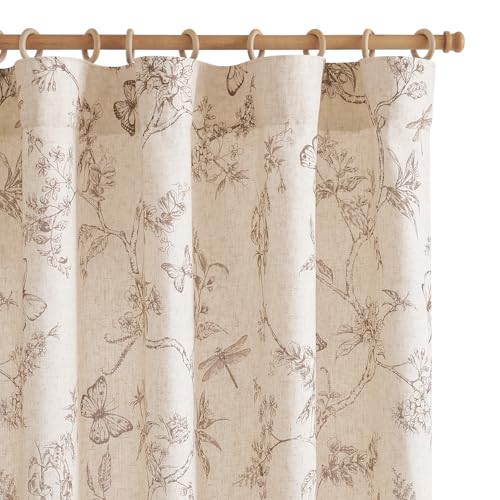 Taupe Floral Linen Curtains Lined 96 Inch Vintage Back Tab 2 Panels (Charlotte Taupe / 50"W x 96"L (Pack of 2))