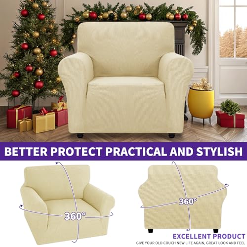 Super Stretch Chair Slipcover Universal Sofa Chair Covers for Living Room Dogs Pet Furniture Protector Spandex Armchair Slipcovers with Anti Slip Foam Sticks (Beige / Small (30"-47"))