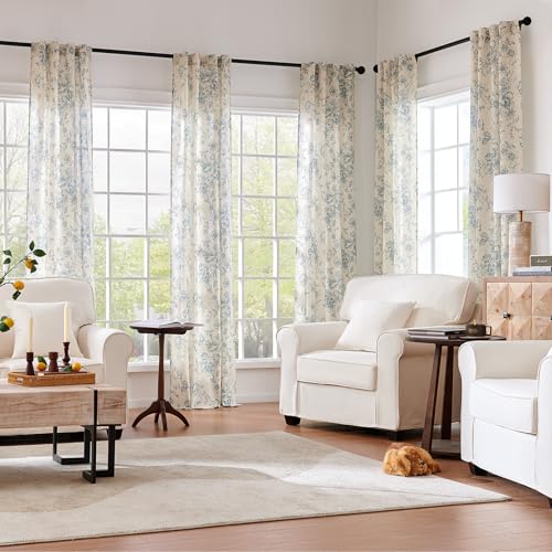 Blue Floral Linen Curtains 96 Long for Living Room 2 Panels (Blue / 38"W x 96"L (Pack of 2))