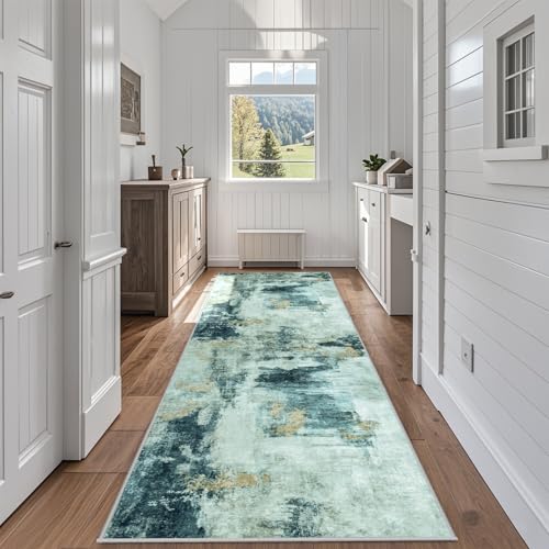 Runner Rugs for Hallways Kitchen 2.6x8 Non Slip Washable Teal Grey Gold (Teal Grey/Gold / 2'6" x 8' (Rectangular))