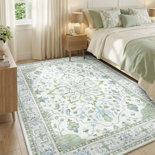 Washable Area Rug (Green/White/Blue / 5' x 7' (Rectangular))
