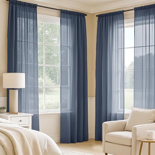 Navy Blue Sheer Curtains 96 Inches Long 4 Panels 42 x 96 Inches (42"W x 96"L (Pack of 4) / Navy Blue)