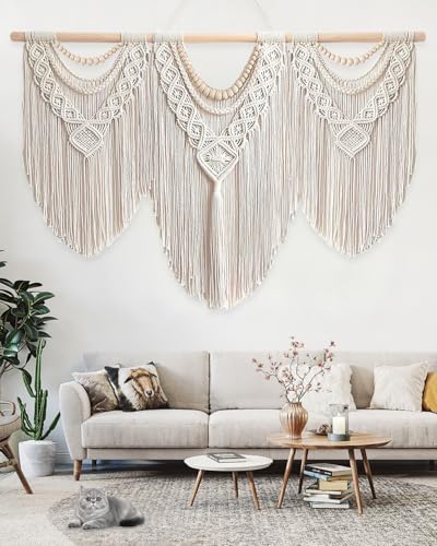 Large Macrame Wall Hanging Handmade Boho Tapestry (Beige)
