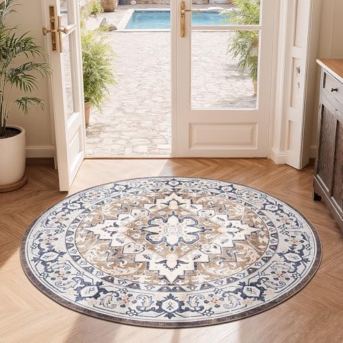 4ft Round Area Rugs for Living Room (Floral Brown / 4' (Round))