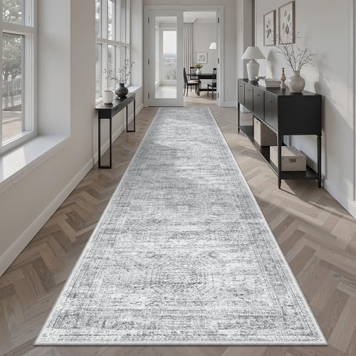 Hallway Runner Rug 2'6" x 12' Washable Long Kitchen Rugs Grey (Grey / 2'6" x 12' (Runner))