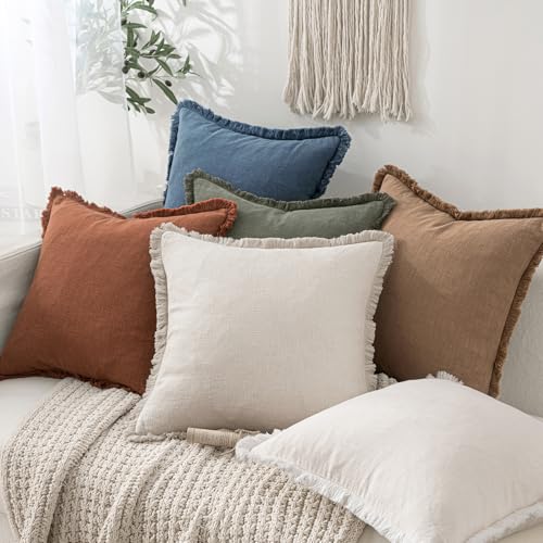 Boho Linen Fringe Decorative Throw Pillow Covers Blue Ashes 20x20 (20" x 20" (Pack of 2) / Blue Ashes)