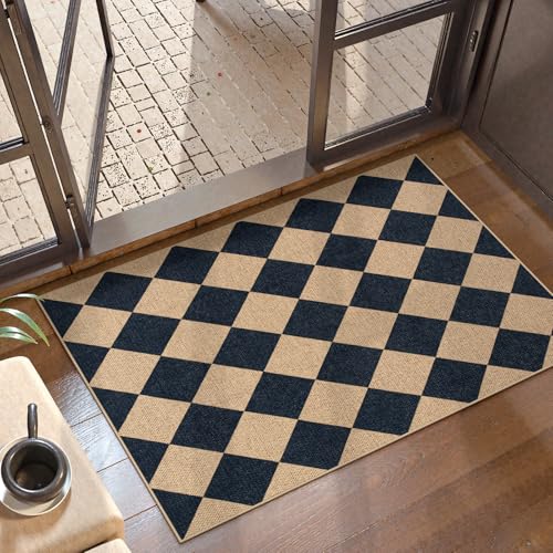 Checkered Easy Jute Non Slip Front Door Mat (2' x 3' (Rectangular) / Black/Checkerboard -2)