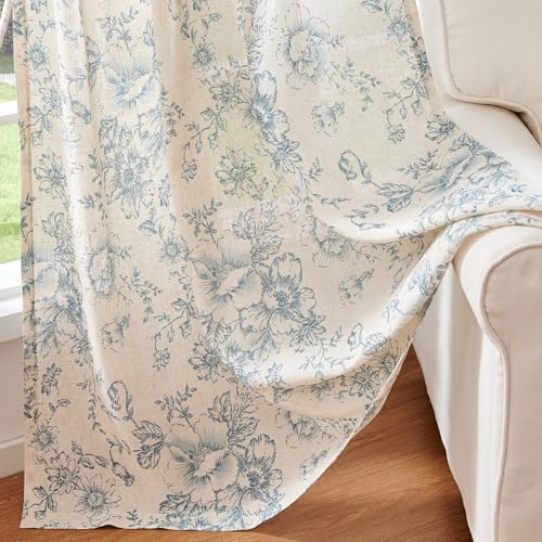 Blue Floral Linen Curtains 45 Long for Living Room 2 Panels (Blue / 50"W x 45"L (Pack of 2))