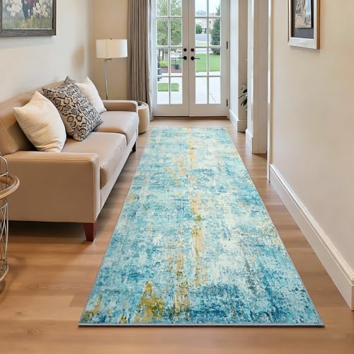2x6 Teal Blue Rug Runners for Hallways Kitchen Runner Rug Non Slip Washable Long Runner Rugs with Rubber Backing Soft Abstract Carpet Runner for Bedroom (Teal Blue / 2' x 6' (Runner))