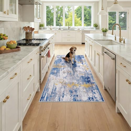 Washable Runner 3'x6' Abstract Area Rug for Hallway Blue Gold (Blue/Gold / 3' x 6' (Runner))