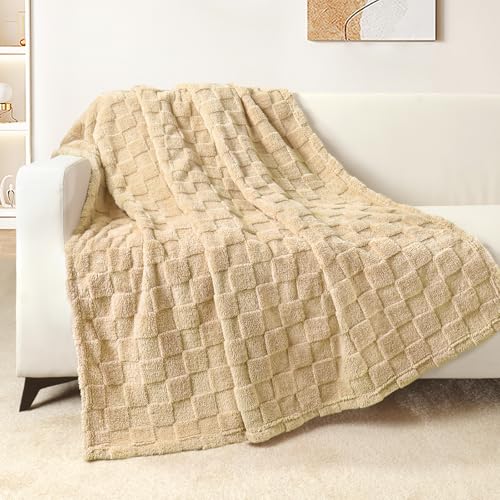 3D Checkered Fleece Throw Blanket for Couch (Camel / Throw (50"x60"))