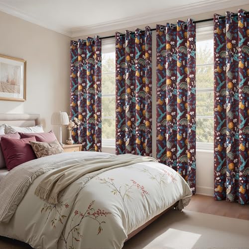 Rust Floral Curtains 96 Inches Long 2 Panels Unique Beige Luxury Elegant Colorful Euro Flower Hummingbird Patterned Rustic Vintage Grommet Drapes for Classroom Room Office Closet (Rust / 52"W x 96"L (Pack of 2))