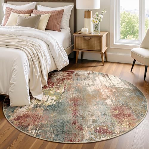 Washable Round 4ft Area Rug for Living Room Rustic Brown (Rust Red/Green/Blue/Multi / 4' (Round))