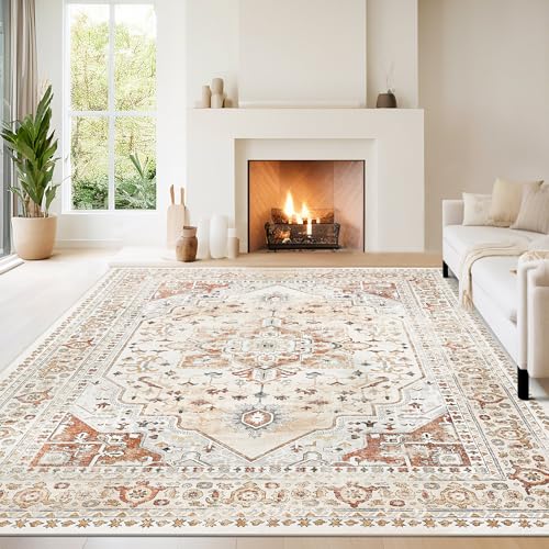 Orange Red 8x10 Washable Area Rugs for Living Room (8' x 10' (Rectangular) / Orange-cream-brick Red-grey)