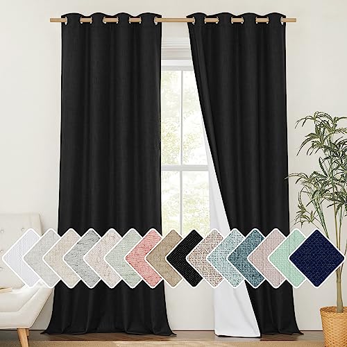 Vintage Open Linen Weave Flax Thermal Curtains (52"W x 108"L (Pack of 2) / Black)