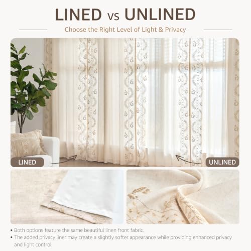 Floral Linen Curtains 96 Inch Farmhouse Back Tab 2 Panels (Beige / 50"W x 96"L (Pack of 2))