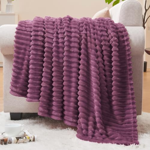 3D Ribbed Jacquard Plum Fleece Twin Blanket for Couch (Plum / Twin(60"x80"))