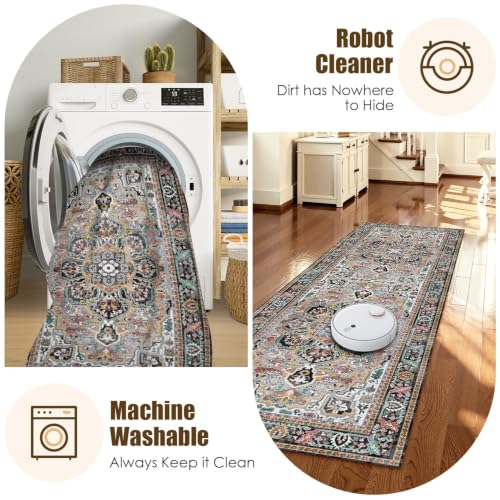 Washable Area Rug 2'6'' x 8' Vintage Traditional Persian Mat (Slate and Multicolor / 2'6" x 8' (Rectangular))