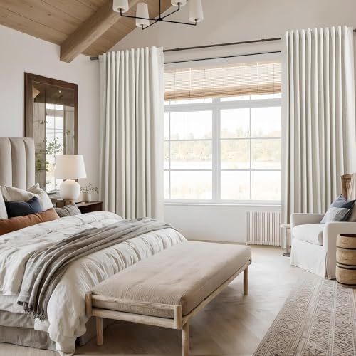 100% Blackout Linen Curtains 105 Inch Long for Bedroom 2 Panels Cream