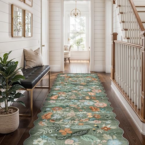 Washable 2x8 Hallway Runner Rug (2' x 8' (Rectangular) / Green/Floral)