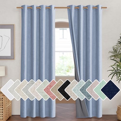 Stone Blue Vintage Linen 100% Blackout Curtains for Living Room (52"W x 90"L (Pack of 2) / Stone Blue)