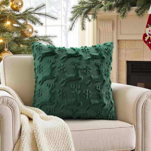 Dark Green Reindeer Faux Fur Throw Pillow Covers 18x18 Set of 2 (Dark Green Reindeer / 18" x 18" (Pack of 2))