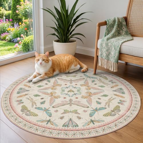 Boho Light Pink Round Rugs for Kids Bedroom (4' (Round) / Beige Pink)