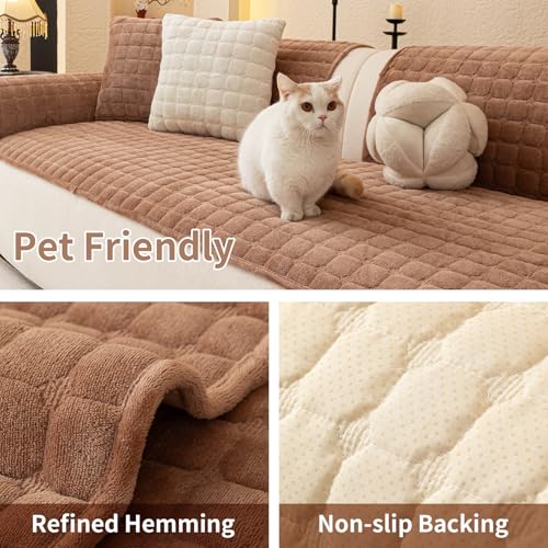 Velvet Sectional Couch Covers for Dogs (Dark Brown / 1PC/27.6"x94"/3-4 Seat & Long "L" Part)