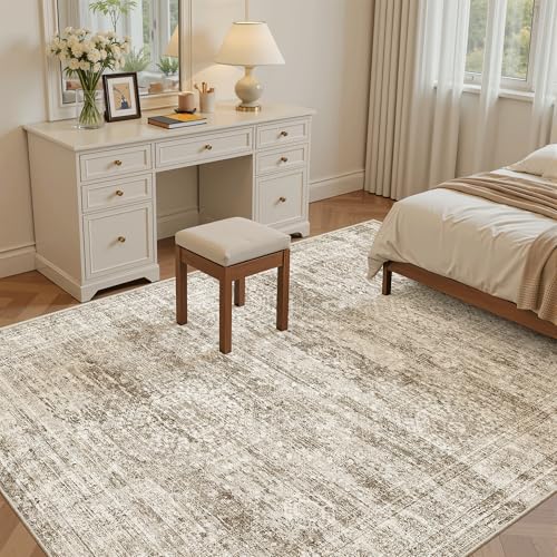 5x8 Area Rugs Brown Low Pile Washable Trendy Faded Style Rug (Brown / 5' x 8' (Rectangular))