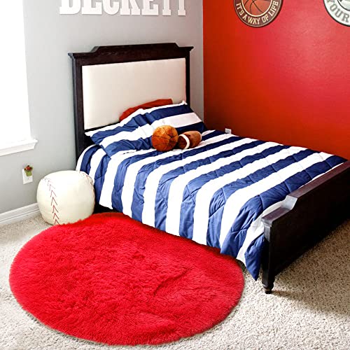 Red Furry Round Circle Area Rug 4Ft for Boys Bedroom Living Room (Red / 4' (Round))