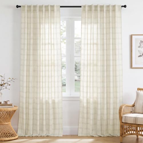 Extra Long Curtains Rustic Grid Pattern for Farmhouse (52"W x 102"L (Pack of 2) / Grid Pattern | Light Beige)
