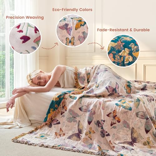 Boho Throw Cotton Butterfly Blanket 60"x80" for Couch Sofa Decor (Colorful Butterfly / 60"x80")