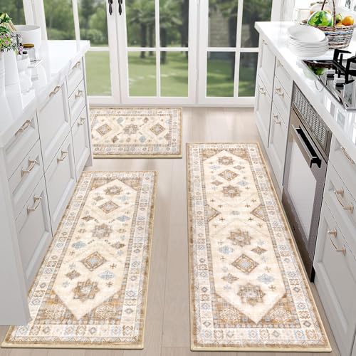 HEBE Boho Kitchen Rugs Set of 3 (Cream Tan / 20"x32"+20"x48"+20"x59")