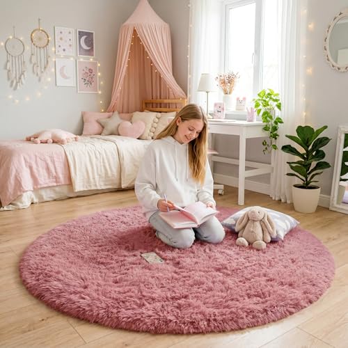 Blush Pink Large Round Shag Rug 6Ft for Girls Kids Bedroom Nursery (Blush Pink / 6' (Round))