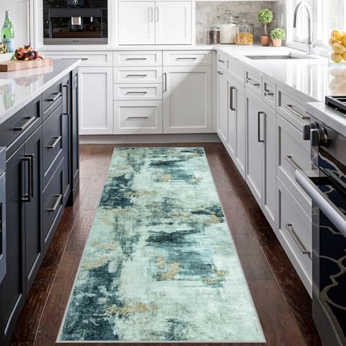 Runner Rugs for Hallways Kitchen 2.6x8 Non Slip Washable Teal Grey Gold (Teal Grey/Gold / 2'6" x 8' (Rectangular))