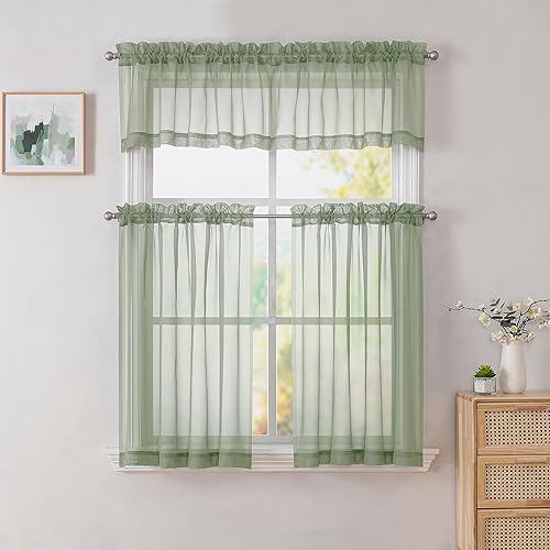 Sage Green Valances 14 Inches Long for Living Room Pocket 2 Panel Light Filtering Sheer Translucent Valence Toppers for Window Kitchen Bathroom Bedroom 42x14 Inch Length (Sage Green / 42"W x 14"L (Pack of 2))