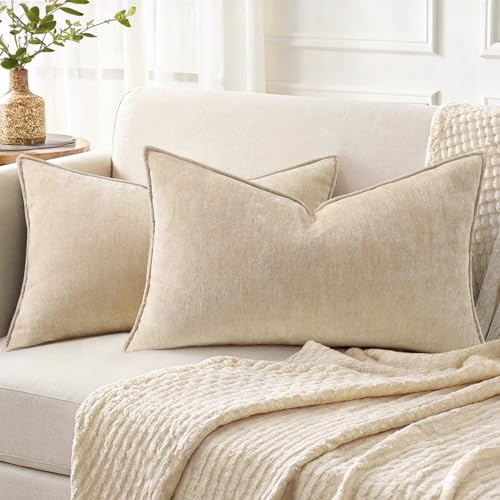Chenille Beige Velvet Throw Pillow Covers 12x20 Set of 2 (Natural Beige / 20" x 12" (Pack of 2))