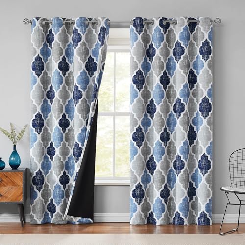 Moroccan 100% Blackout Curtains Bedroom Blue Grey 50x96 2 Panels (Grommet | Blue and Grey / 50"W x 96"L (Pack of 2))