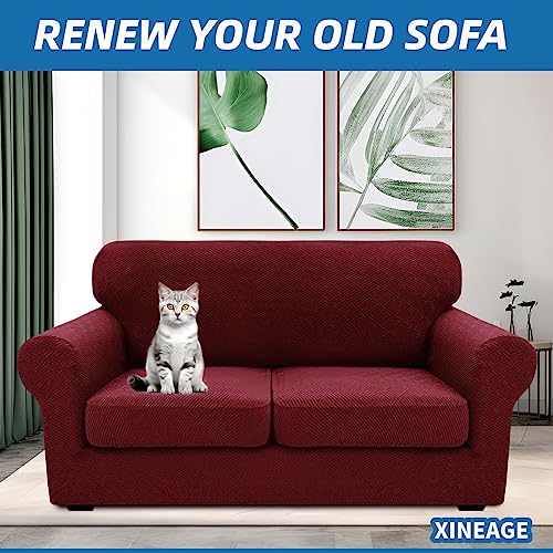 3 Piece Stretch Loveseat Sofa Cover (55"-69"(2 Cushions) / Wine Red)
